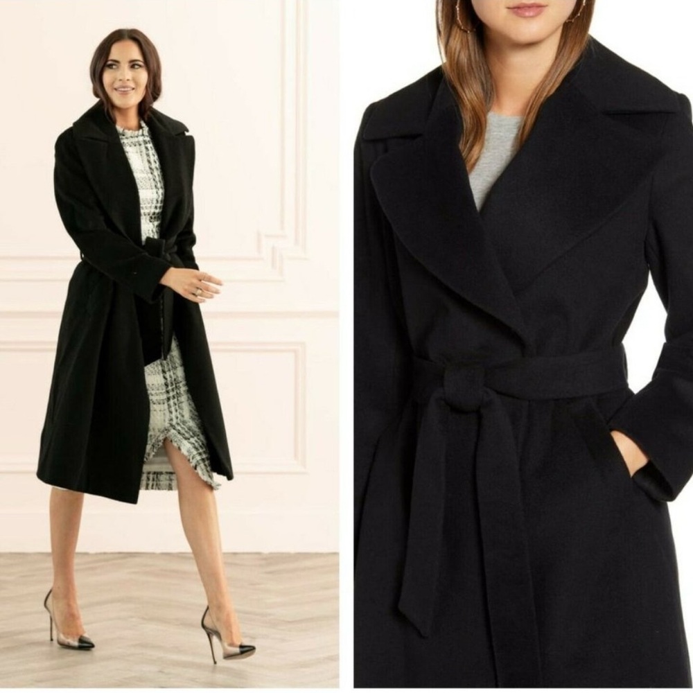 $250 Rachel Parcell Wool Blend Notch Collar Belted Trench Coat in Black (Small)